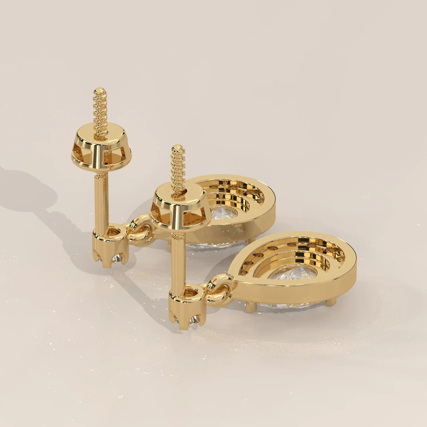 Angle View: Pear Diamond Drop Earrings with Halo Setting in Yellow Gold – Lab Grown – Driona Jewels