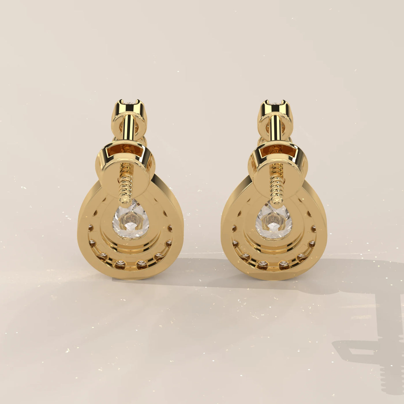 Back View: Pear Diamond Drop Earrings with Halo Setting in Yellow Gold – Lab Grown – Driona Jewels