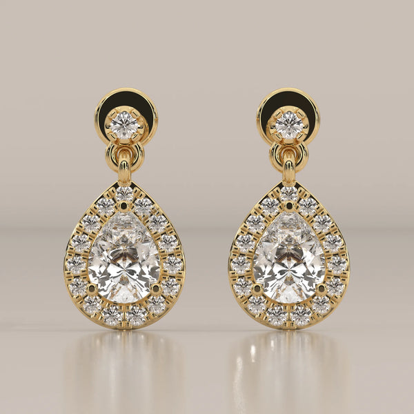 Front View: Pear Diamond Drop Earrings with Halo Setting in Yellow Gold – Lab Grown – Driona Jewels