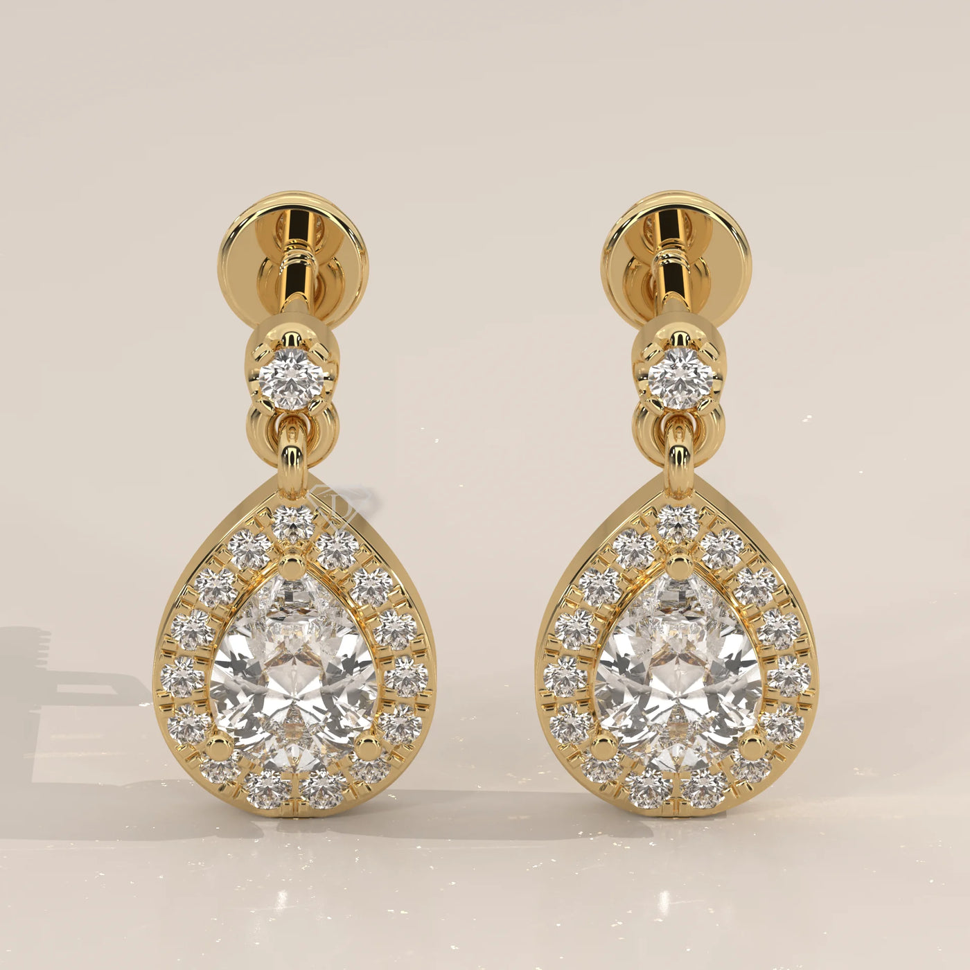Pair Front View: Pear Diamond Drop Earrings with Halo Setting in Yellow Gold – Lab Grown – Driona Jewels