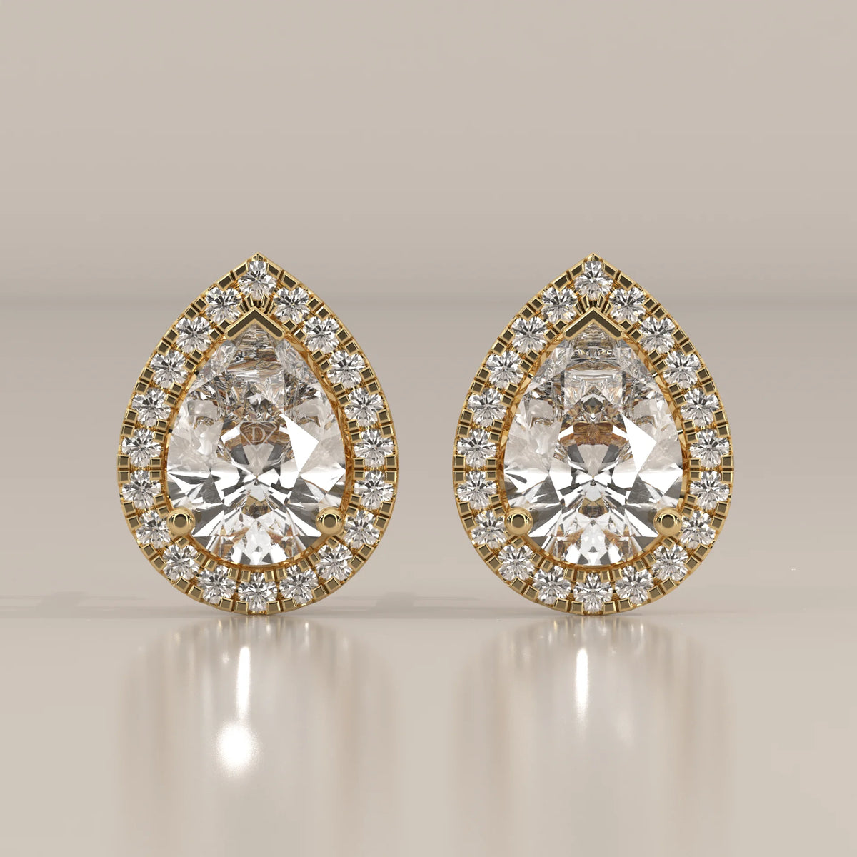 Pear Halo Lab Grown Diamond Studs with Teardrop Cut Out Gallery in yellow gold, shown from the front.
