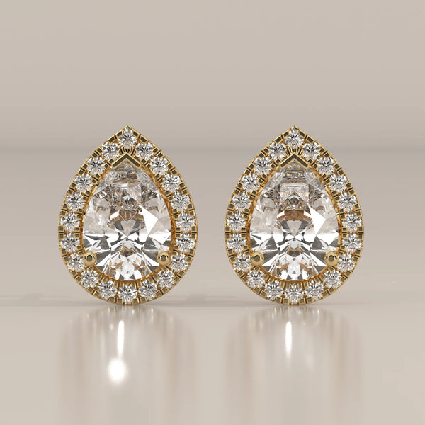 Pear Halo Lab Grown Diamond Studs with Teardrop Cut Out Gallery in yellow gold, shown from the front.