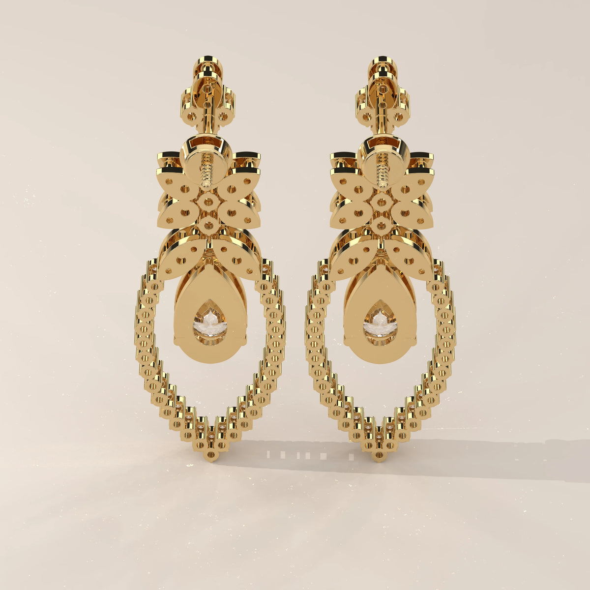 Pear Lab Grown Diamond Chandelier Earrings with Pave Flower Top in yellow gold, photographed head-on.