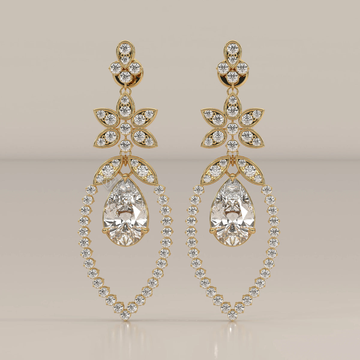 Pear Lab Grown Diamond Chandelier Earrings with Pave Flower Top in yellow gold, shown from the front.