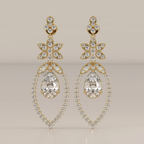 Pear Lab Grown Diamond Chandelier Earrings with Pave Flower Top in yellow gold, shown from the front.