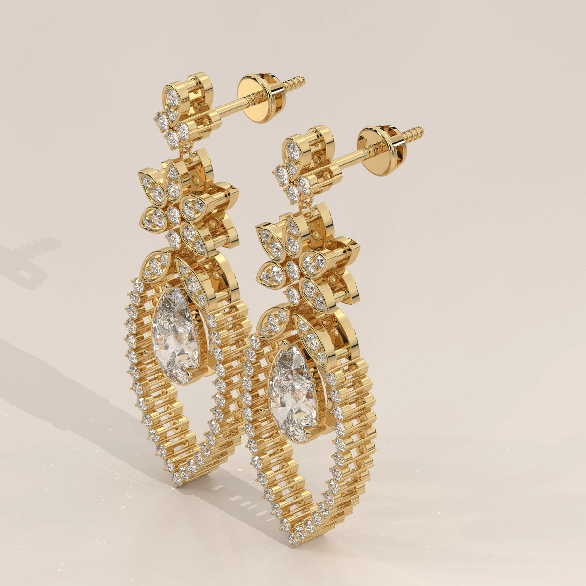 Pear Lab Grown Diamond Chandelier Earrings with Pave Flower Top in yellow gold, shown from the side.
