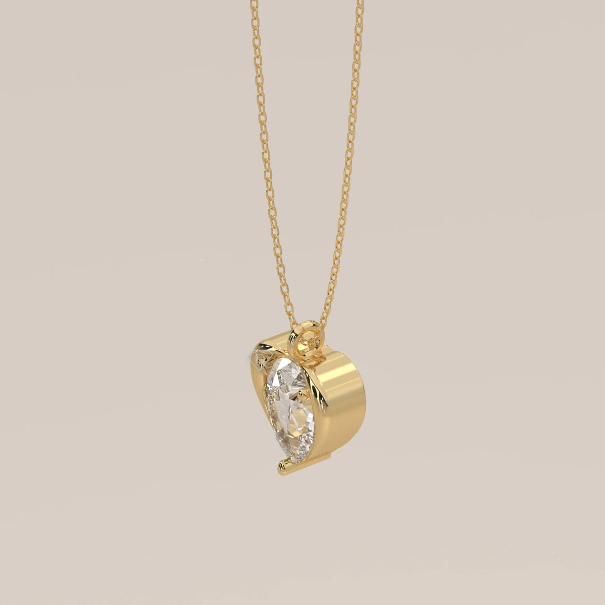 Pear Lab Grown Diamond Pendant Cradled in a Sculpted Heart Frame in yellow gold, shown from the side.