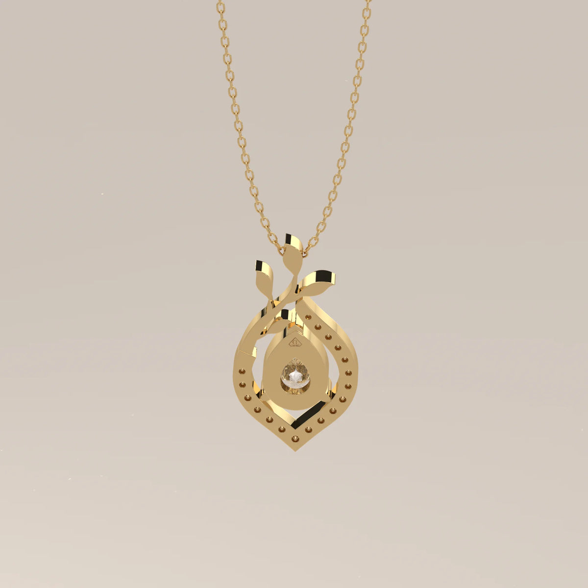 Pear Lab Grown Diamond Pendant in a Pave Teardrop with Leaf Vine in yellow gold, photographed head-on.