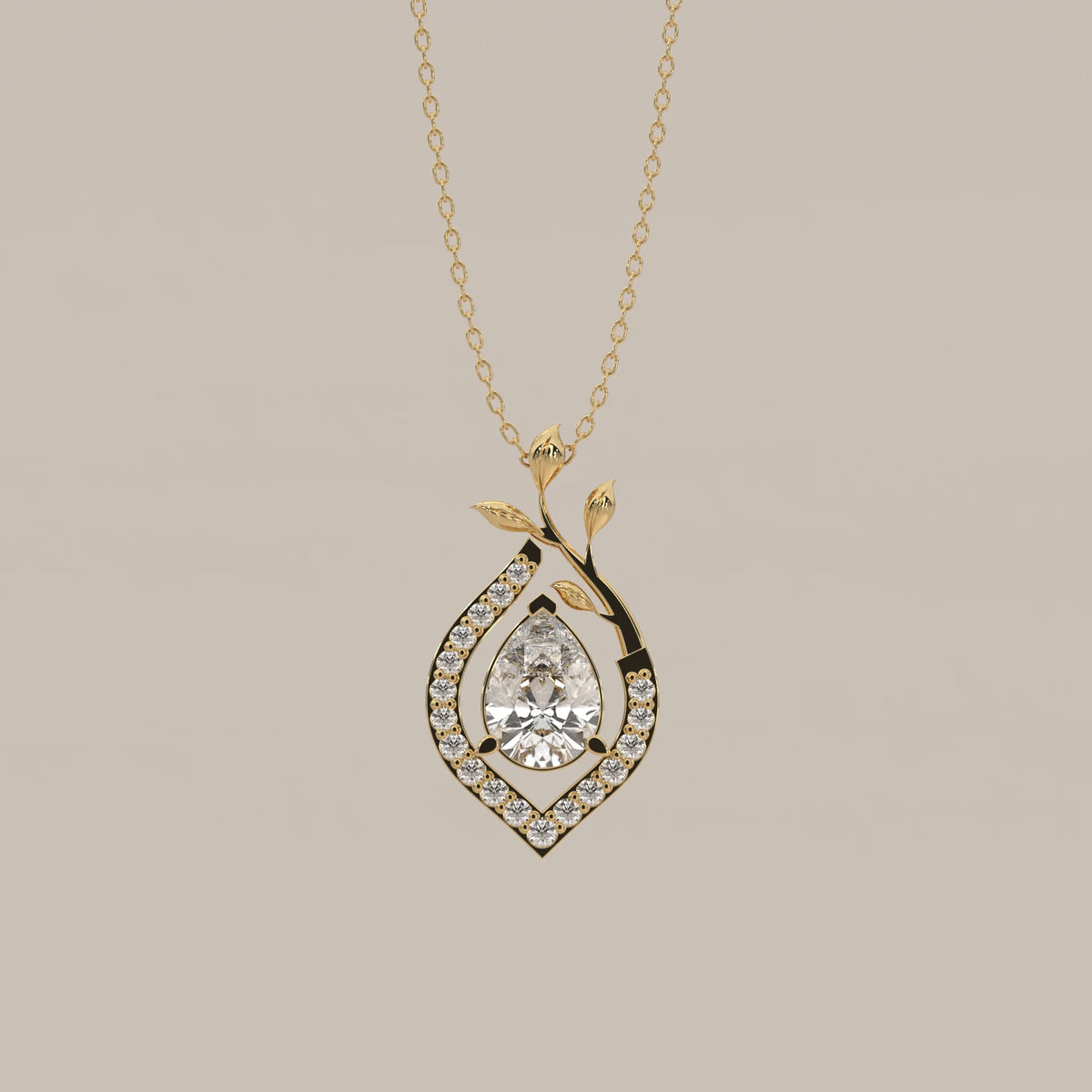 Pear Lab Grown Diamond Pendant in a Pave Teardrop with Leaf Vine in yellow gold, shown from the front.