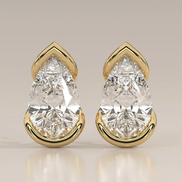Pear Lab Grown Diamond Studs in a Curving Open Bezel in yellow gold, shown from the front.