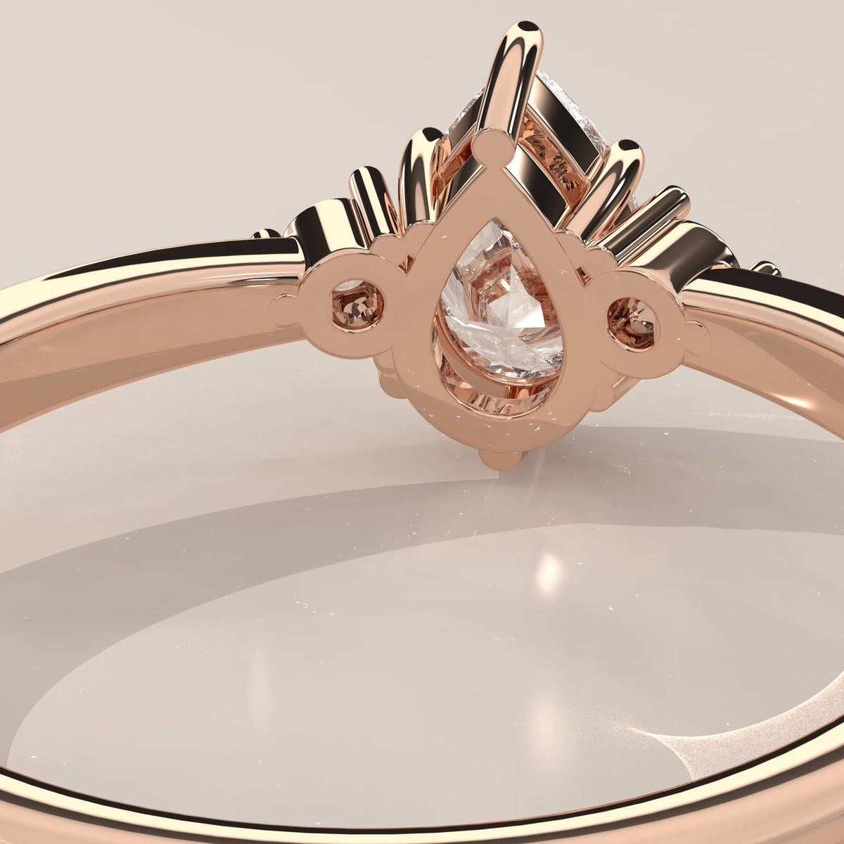 Under-gallery detail of pear lab grown diamond ring in 14k rose gold
