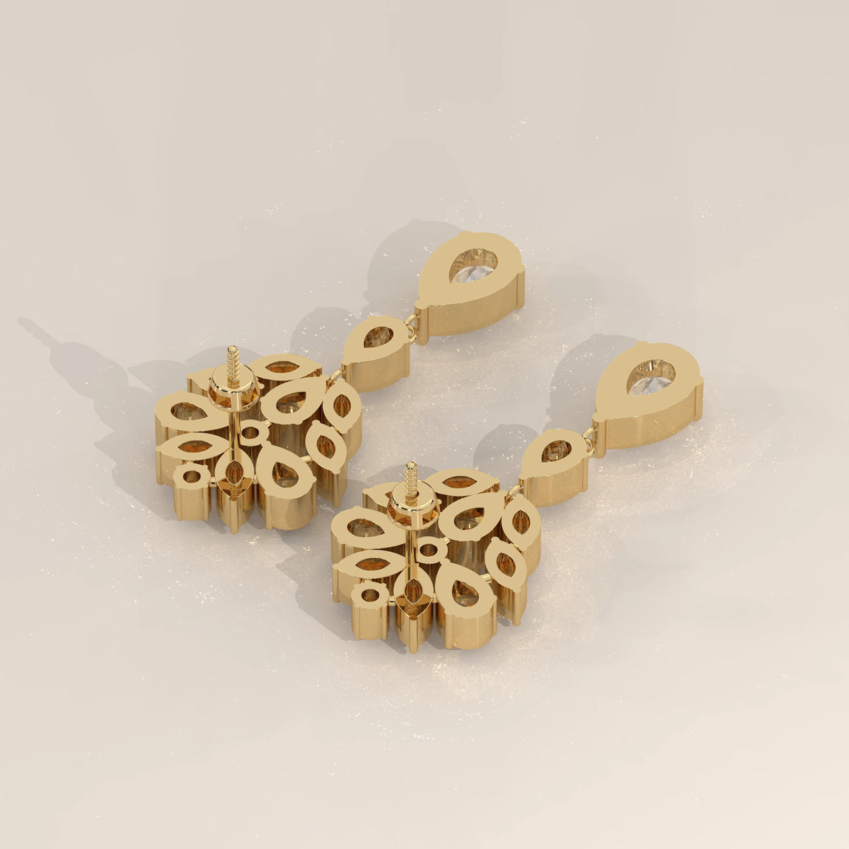 Pear and Marquise Lab Grown Diamond Fan Cluster Chandelier Earrings in yellow gold, shown at an angle.