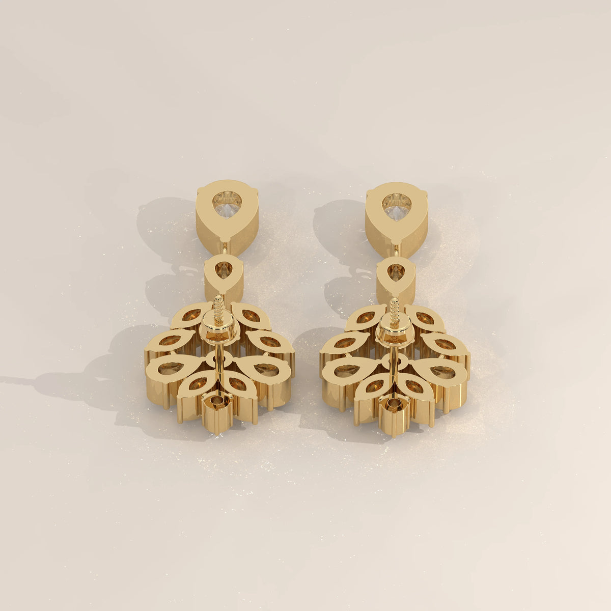 Pear and Marquise Lab Grown Diamond Fan Cluster Chandelier Earrings in yellow gold, product photograph on a plain background.