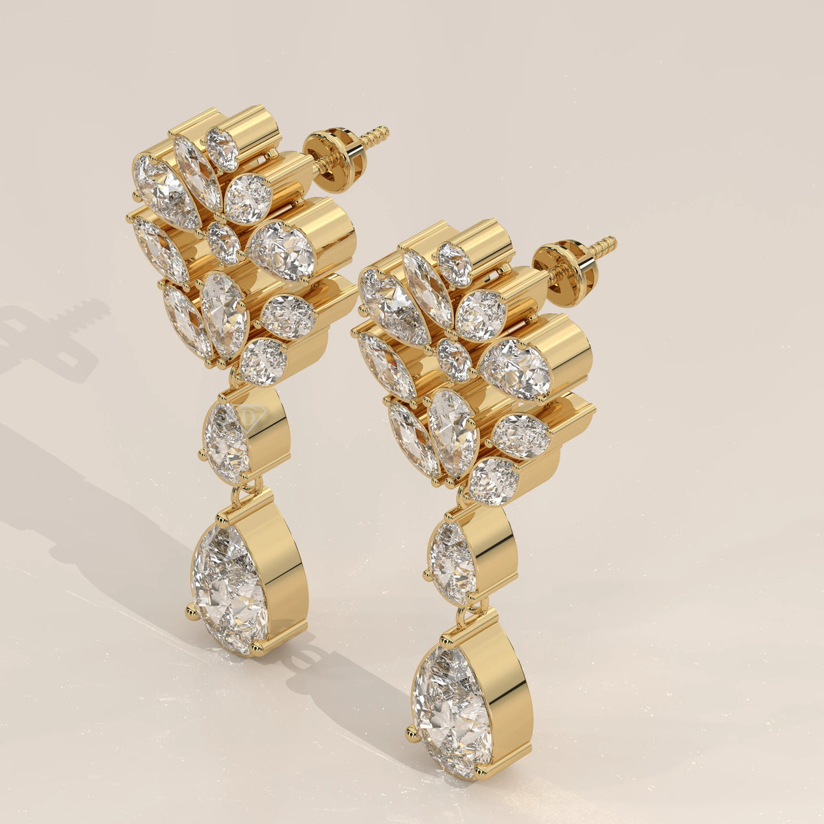 Pear and Marquise Lab Grown Diamond Fan Cluster Chandelier Earrings in yellow gold, photographed head-on.