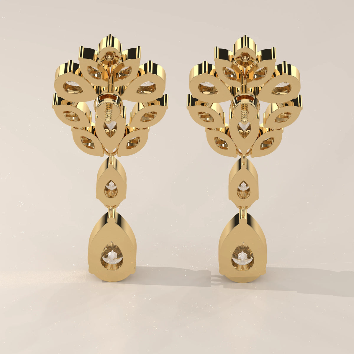 Pear and Marquise Lab Grown Diamond Fan Cluster Chandelier Earrings in yellow gold, front view on a plain background.