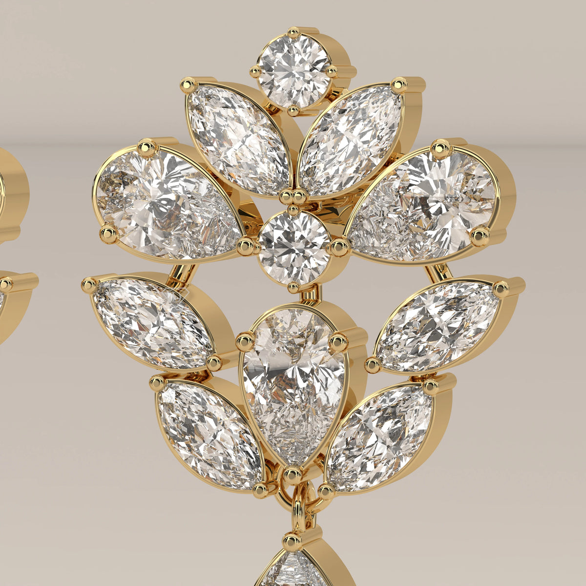 Pear and Marquise Lab Grown Diamond Fan Cluster Chandelier Earrings in yellow gold, shown on a plain background.