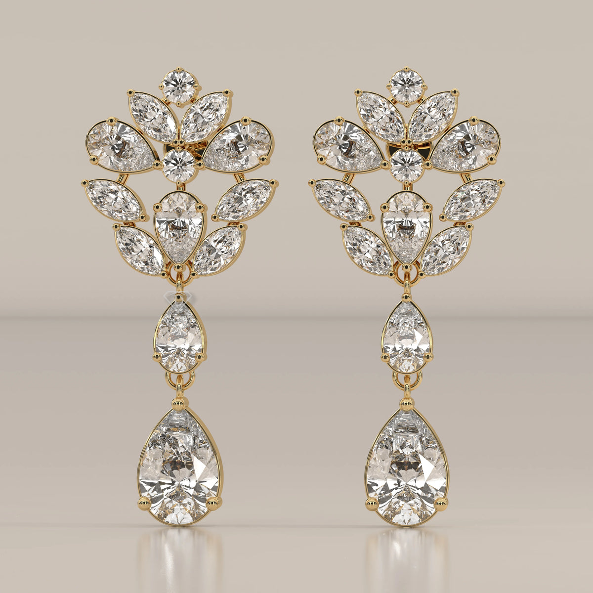 Pear and Marquise Lab Grown Diamond Fan Cluster Chandelier Earrings in yellow gold, shown from the front.
