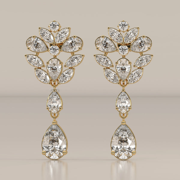 Pear and Marquise Lab Grown Diamond Fan Cluster Chandelier Earrings in yellow gold, shown from the front.