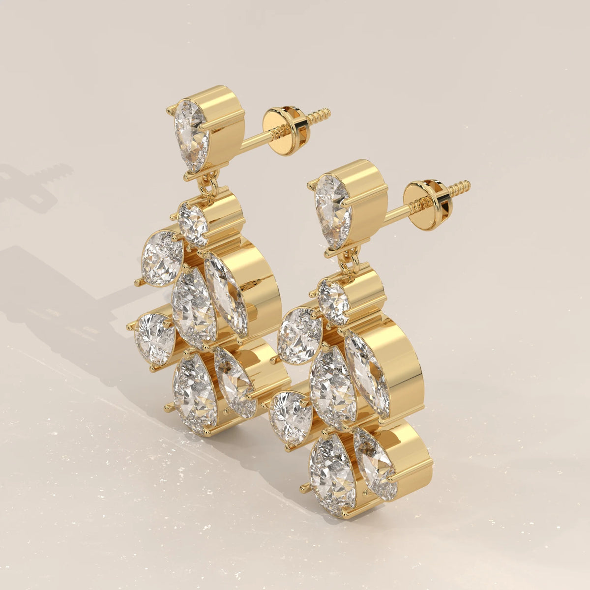 Pear and Marquise Lab Grown Diamond Leaf Cluster Drop Earrings in yellow gold, photographed head-on.