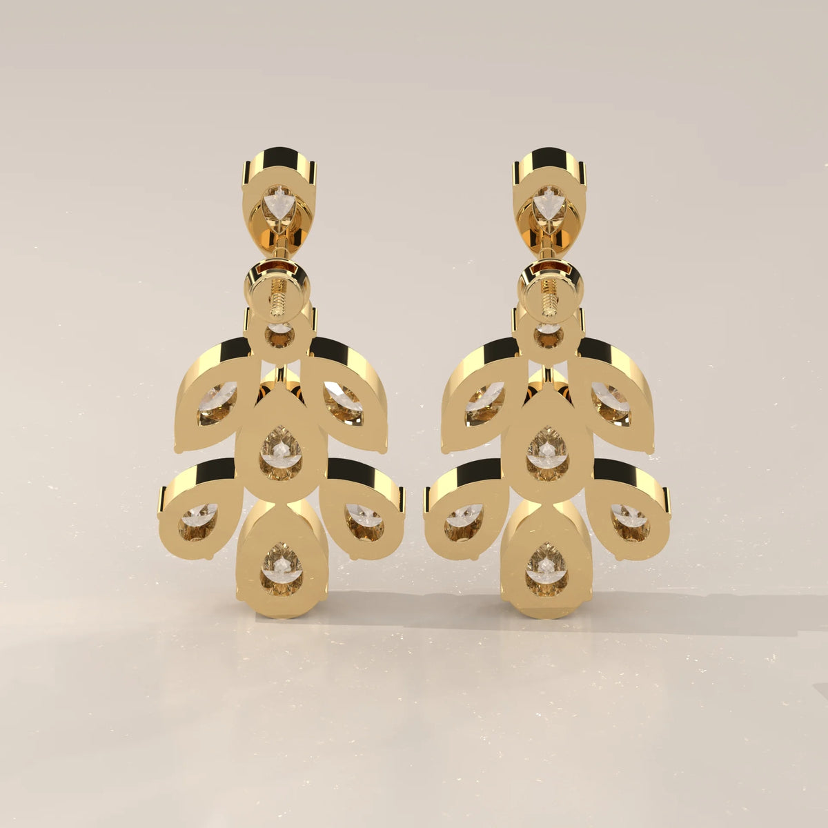 Pear and Marquise Lab Grown Diamond Leaf Cluster Drop Earrings in yellow gold, front view on a plain background.