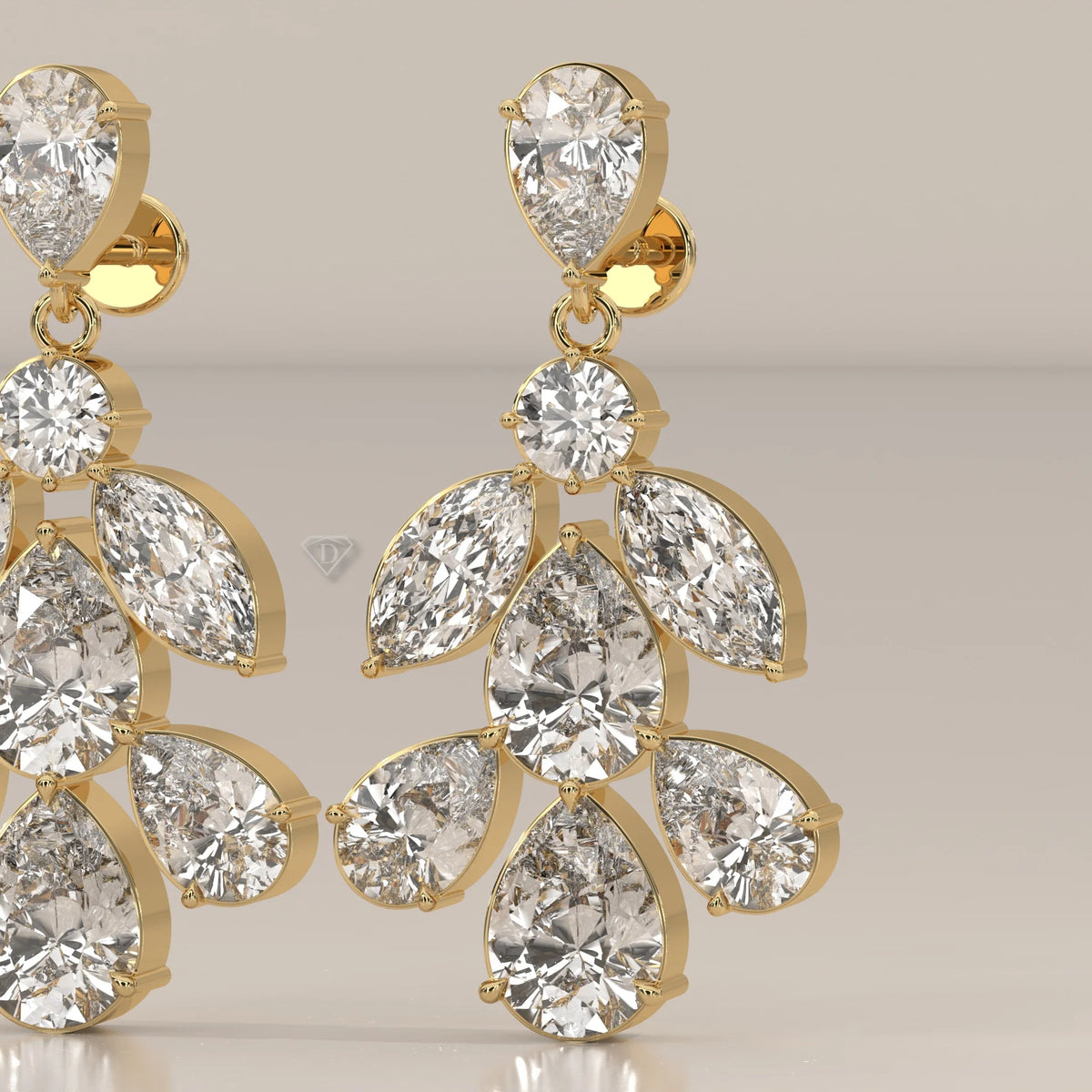 Pear and Marquise Lab Grown Diamond Leaf Cluster Drop Earrings in yellow gold, shown on a plain background.