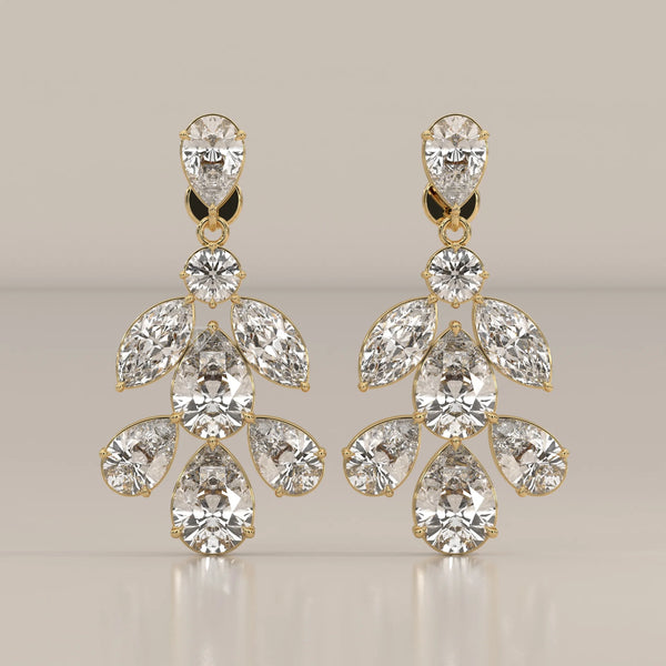 Pear and Marquise Lab Grown Diamond Leaf Cluster Drop Earrings in yellow gold, shown from the front.