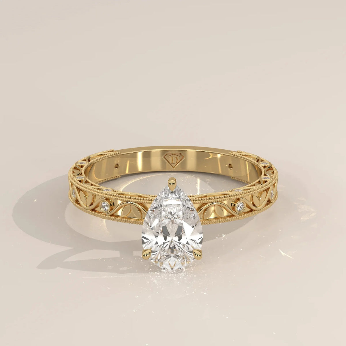 Angle View: Pear Diamond Ring with Openwork Setting in Yellow Gold – Lab Grown – Driona Jewels