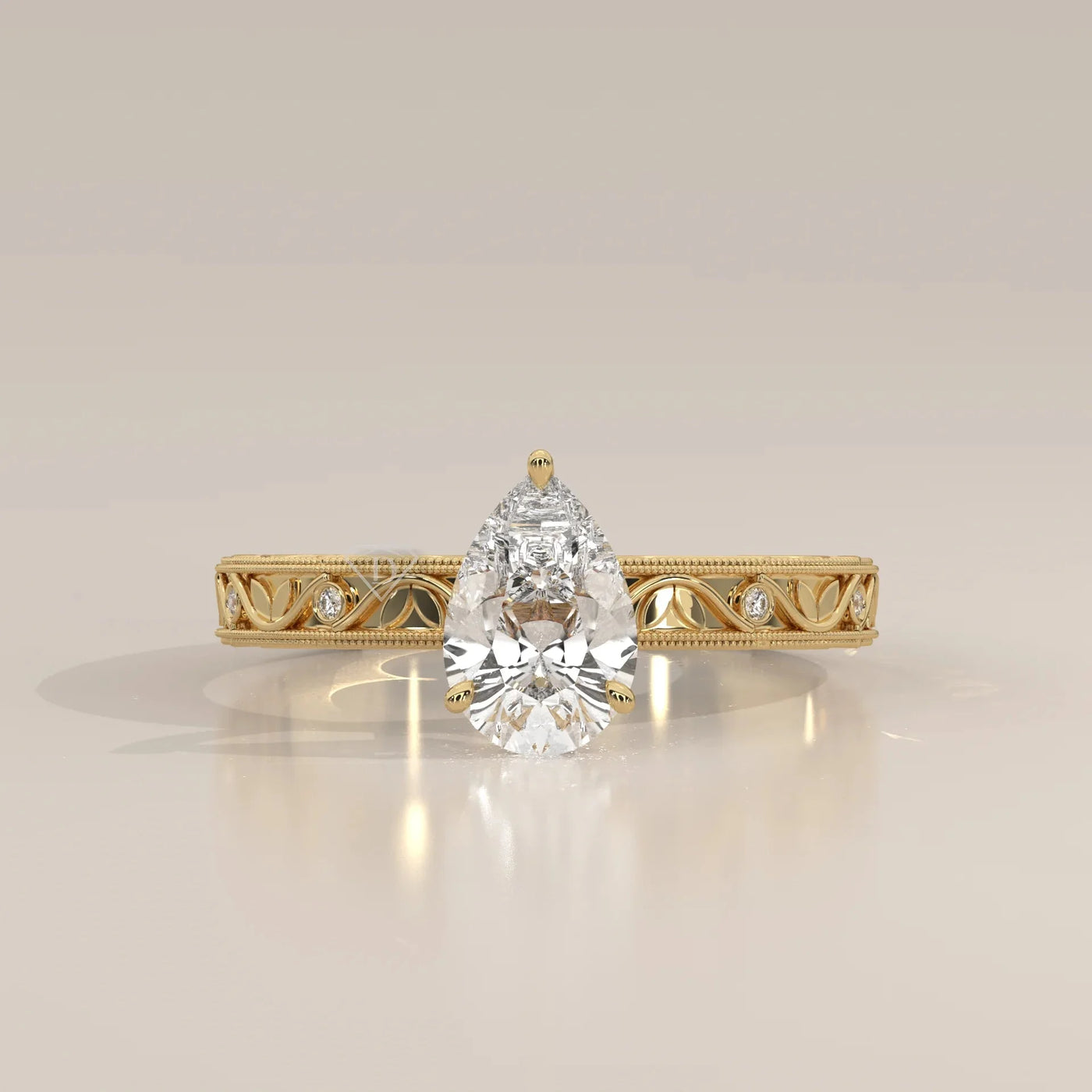 Front View: Pear Diamond Ring with Openwork Setting in Yellow Gold – Lab Grown – Driona Jewels