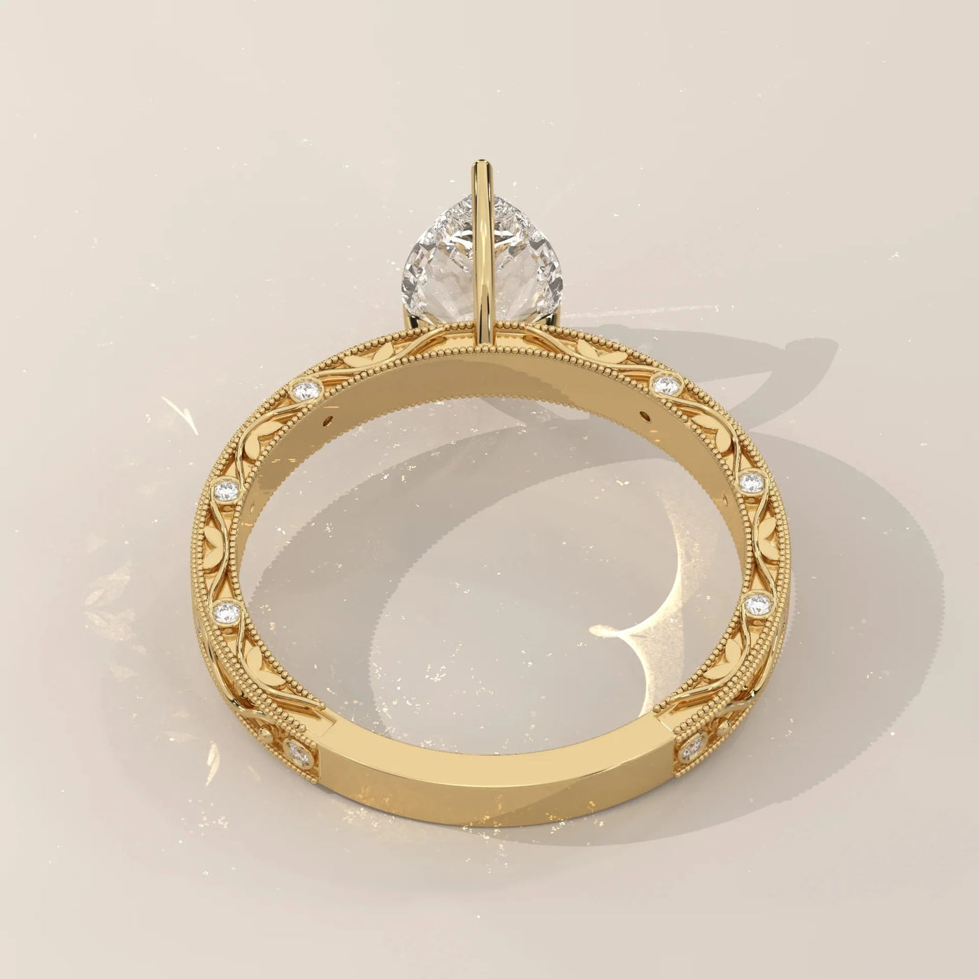 Side Profile: Pear Diamond Ring with Openwork Setting in Yellow Gold – Lab Grown – Driona Jewels