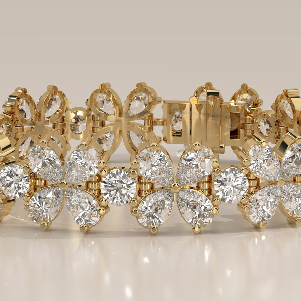 Pear Petal Flower Lab Grown Diamond Bracelet with Round Centres in yellow gold, photographed head-on.