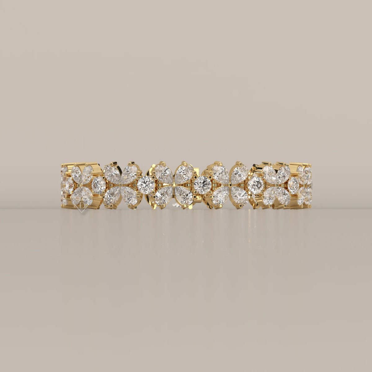 Pear Petal Flower Lab Grown Diamond Bracelet with Round Centres in yellow gold, shown from the front.