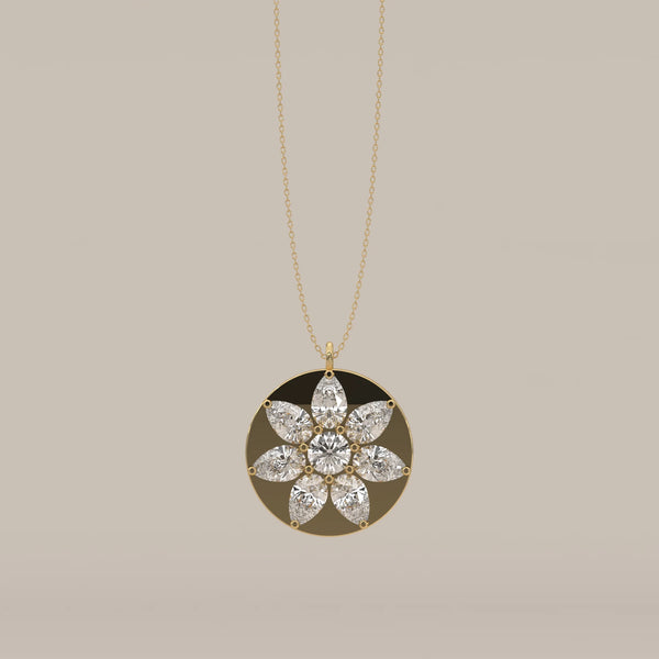 Pear Petal Lab Grown Diamond Flower Set in a Gold Disc Medallion in yellow gold, shown from the front.