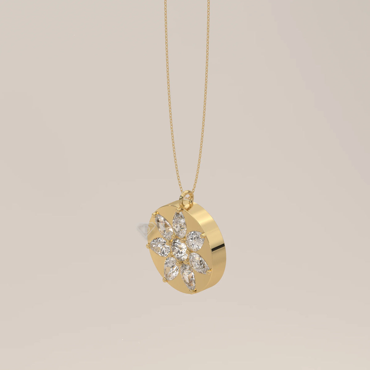 Pear Petal Lab Grown Diamond Flower Set in a Gold Disc Medallion in yellow gold, shown from the side.