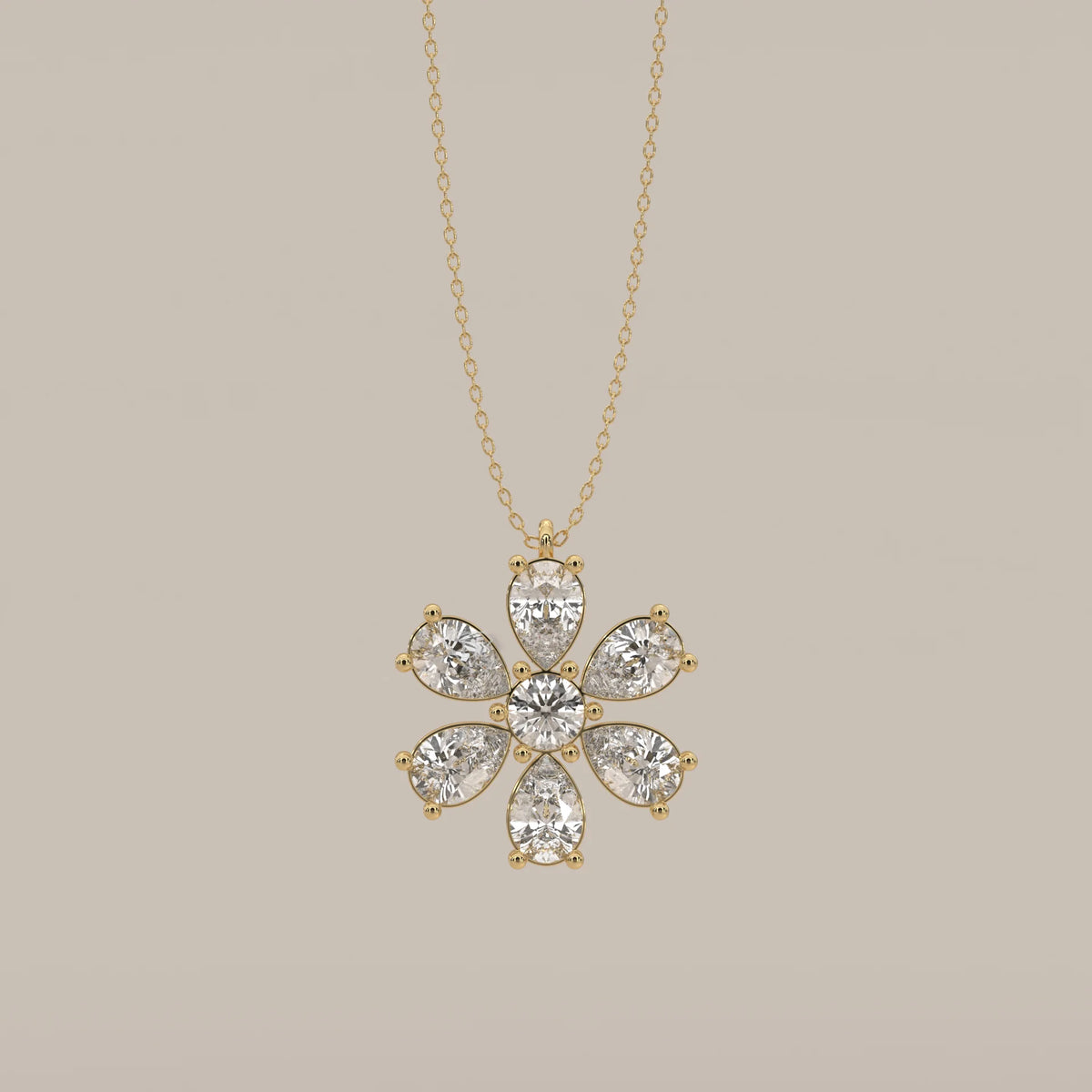 Pear Petal Lab Grown Diamond Flower Pendant with Round Centre in yellow gold, photographed head-on.
