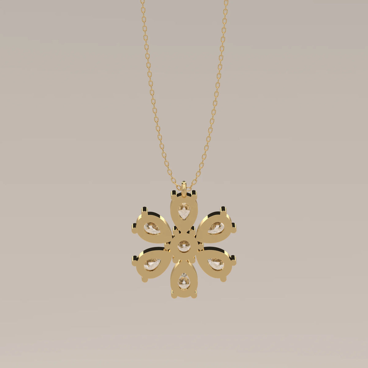 Pear Petal Lab Grown Diamond Flower Pendant with Round Centre in yellow gold, front view on a plain background.
