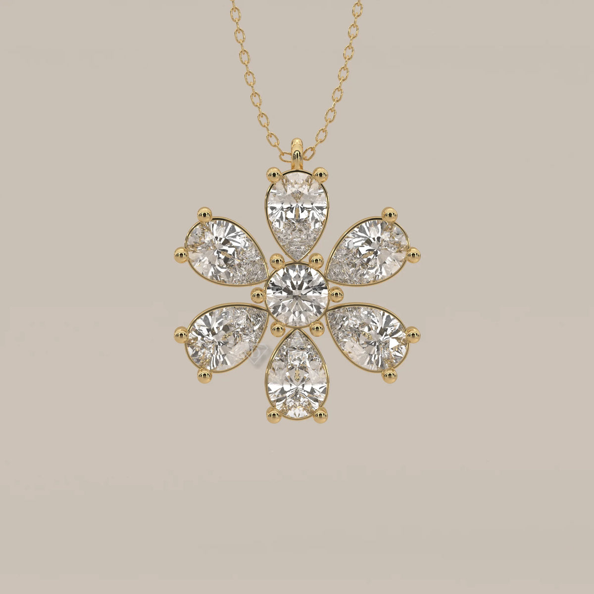 Pear Petal Lab Grown Diamond Flower Pendant with Round Centre in yellow gold, shown on a plain background.
