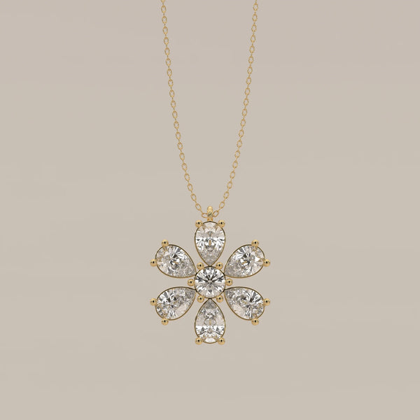 Pear Petal Lab Grown Diamond Flower Pendant with Round Centre in yellow gold, shown from the front.