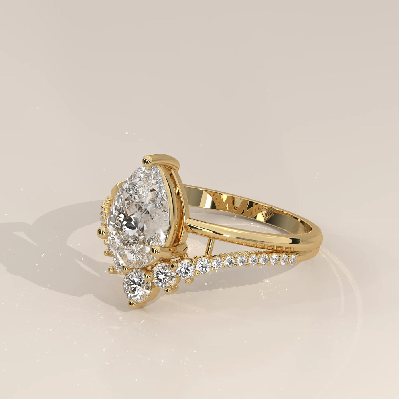 Angle View: Pear Diamond Engagement Ring with Cluster Setting in Yellow Gold – Lab Grown – Driona Jewels