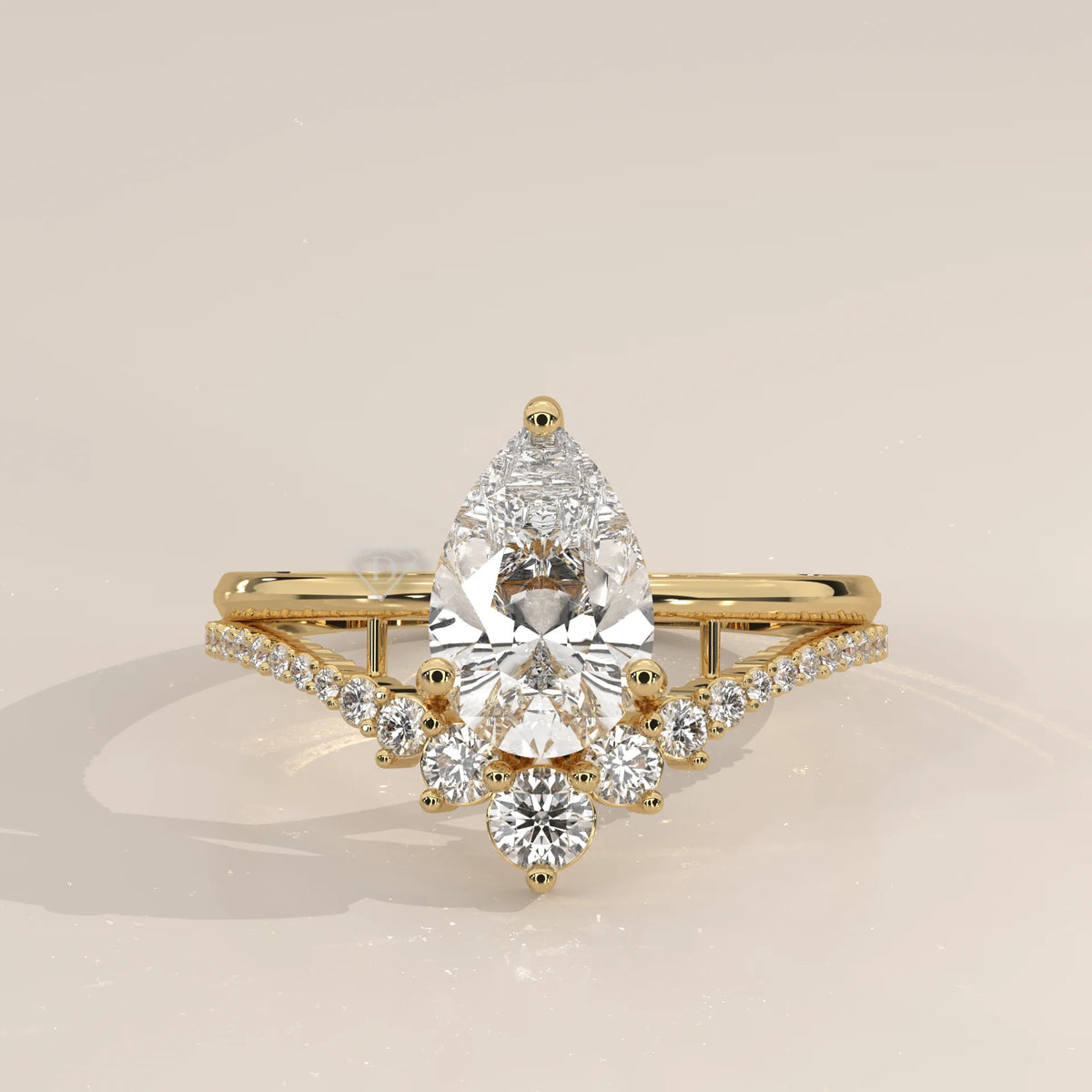 Side Profile: Pear Diamond Engagement Ring with Cluster Setting in Yellow Gold – Lab Grown – Driona Jewels