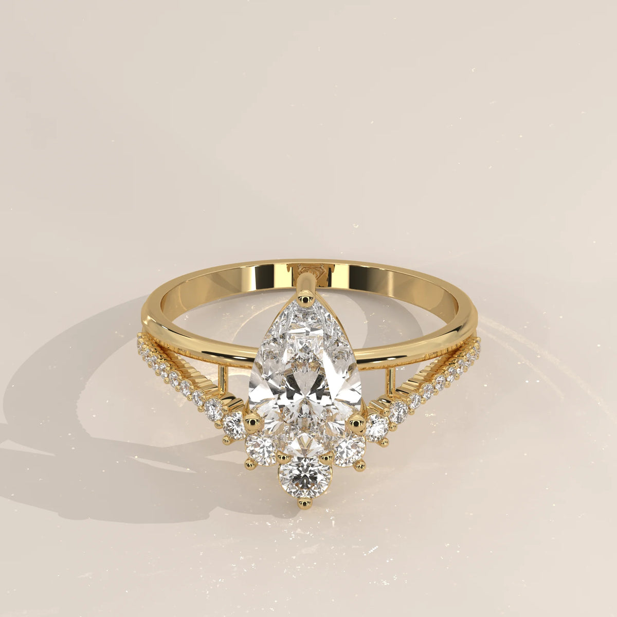 Three-Quarter View: Pear Diamond Engagement Ring with Cluster Setting in Yellow Gold – Lab Grown – Driona Jewels