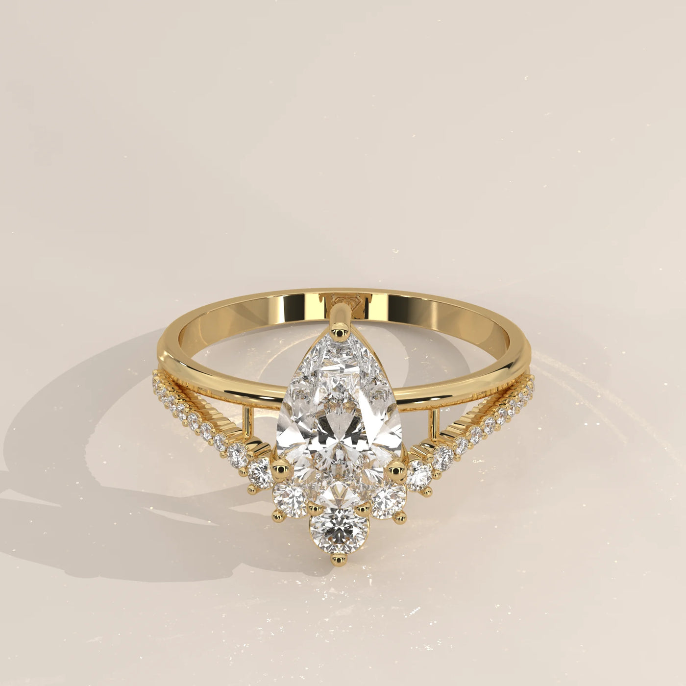 Three-Quarter View: Pear Diamond Engagement Ring with Cluster Setting in Yellow Gold – Lab Grown – Driona Jewels