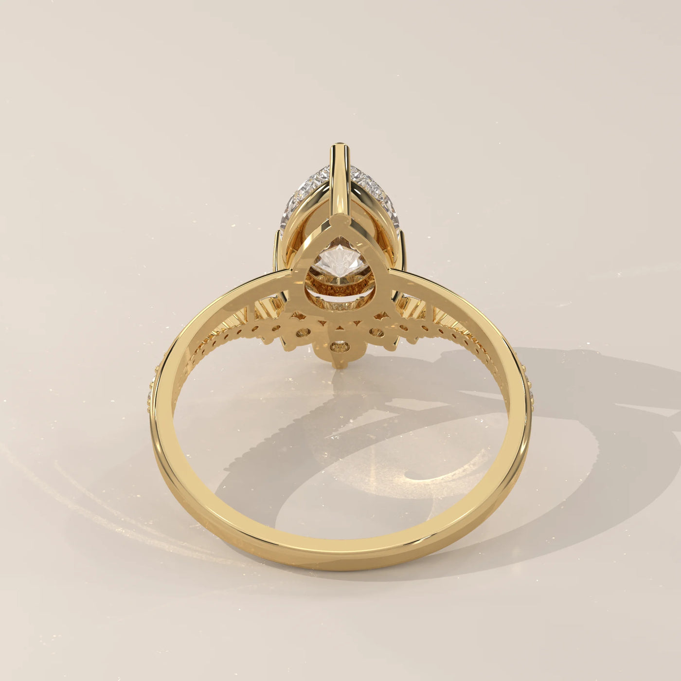 Top View: Pear Diamond Engagement Ring with Cluster Setting in Yellow Gold – Lab Grown – Driona Jewels