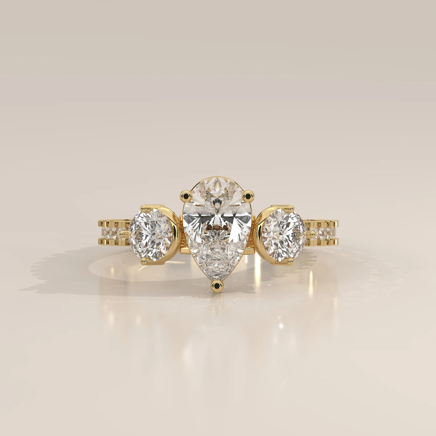 Side Profile: Pear Diamond Ring with Three-Stone Setting in Yellow Gold – Lab Grown – Driona Jewels