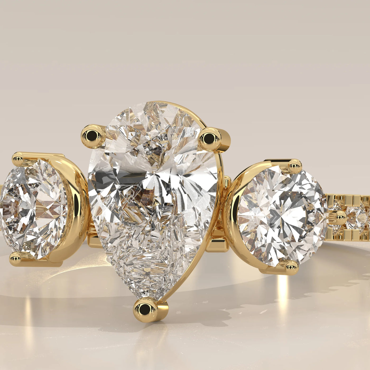 Stone Detail: Pear Lab Grown Diamonds in Three-Stone Setting – Yellow Gold – Driona Jewels