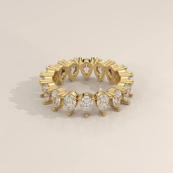Three-Quarter View: Pear Diamond Eternity Band with Eternity Setting in Yellow Gold – Lab Grown – Driona Jewels