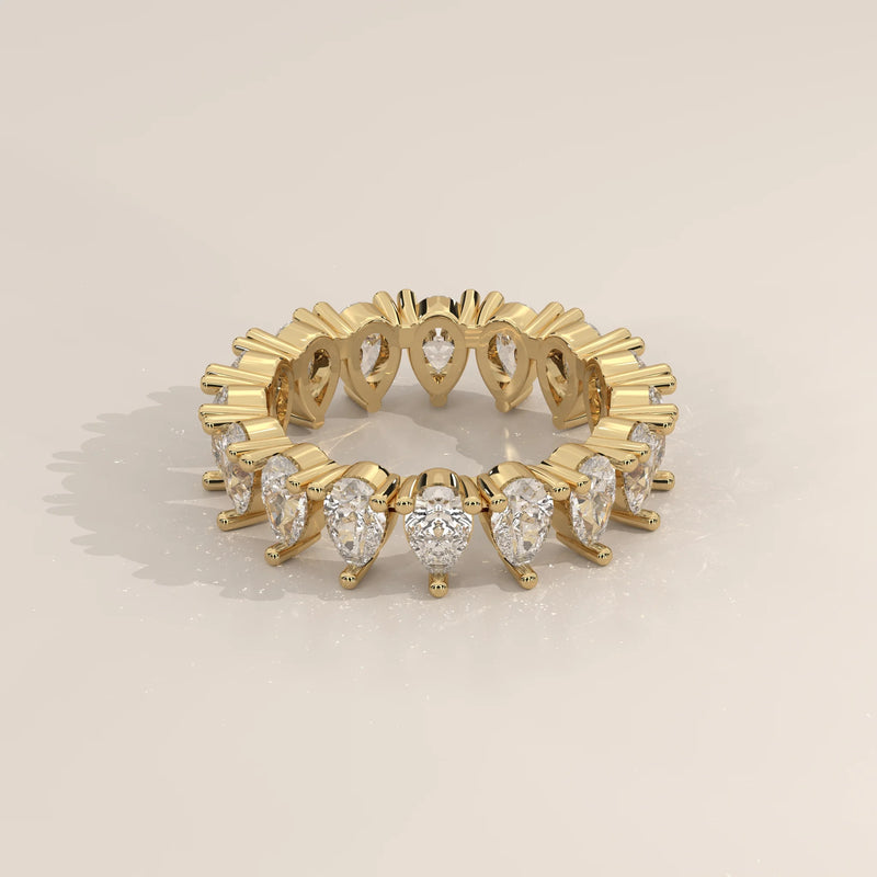 Three-Quarter View: Pear Diamond Eternity Band with Eternity Setting in Yellow Gold – Lab Grown – Driona Jewels