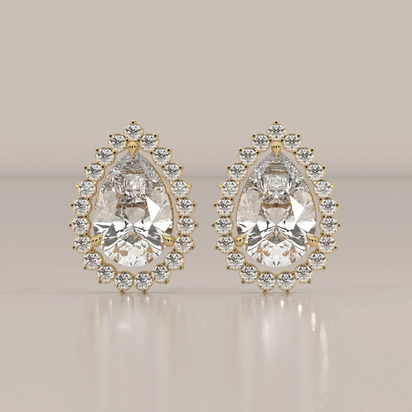 Pear Shape Halo Lab Grown Diamond Stud Earrings with Screw Backs in yellow gold, shown from the front.