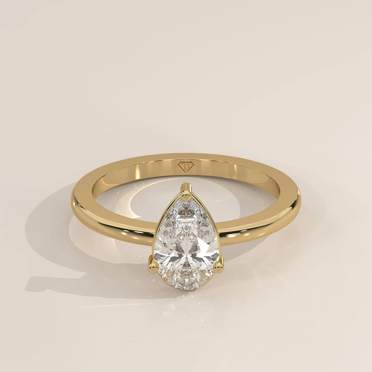 Three-Quarter View: Pear Diamond Engagement Ring with Solitaire Setting in Yellow Gold – Lab Grown – Driona Jewels
