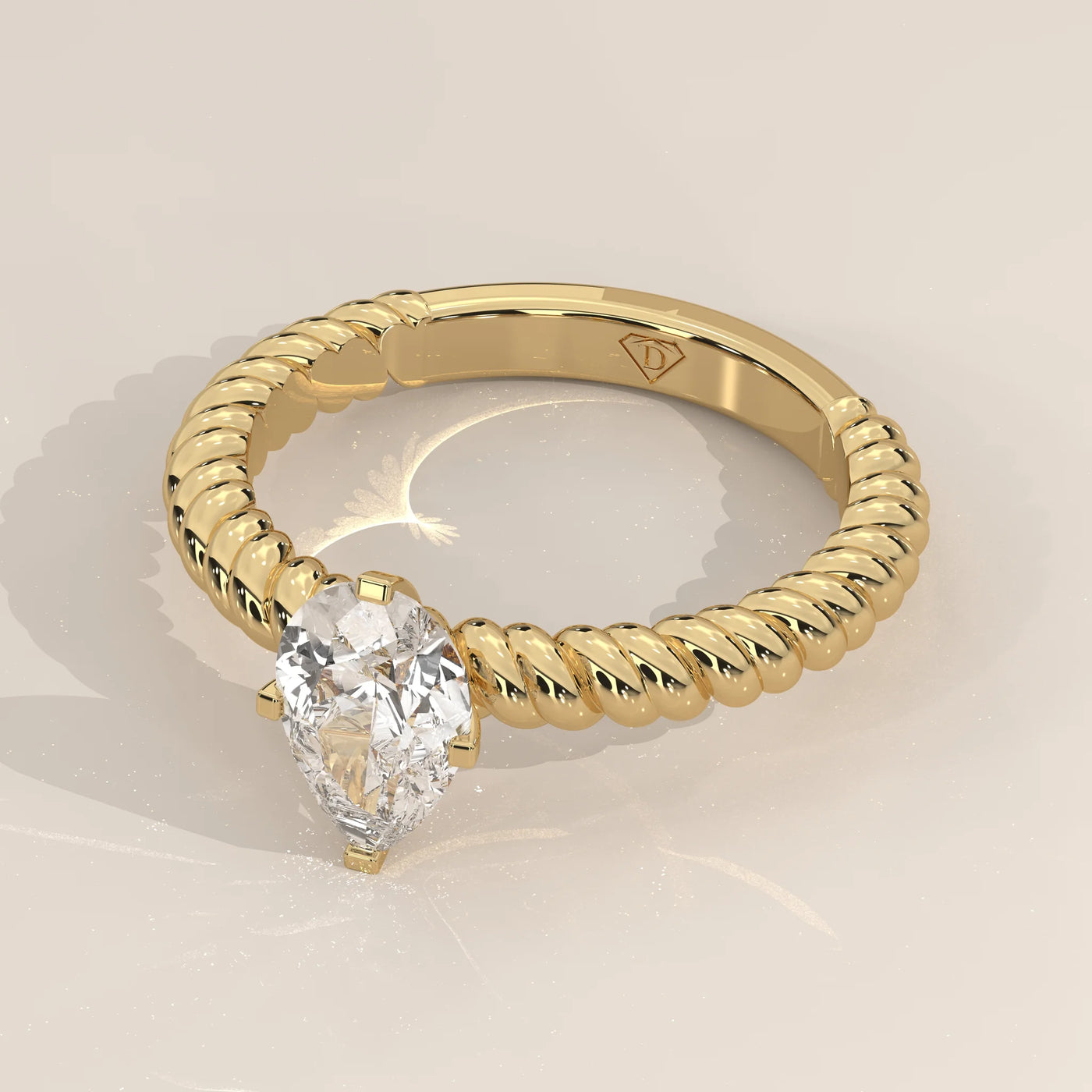Angle View: Pear Diamond Ring with Solitaire Setting in Yellow Gold – Lab Grown – Driona Jewels