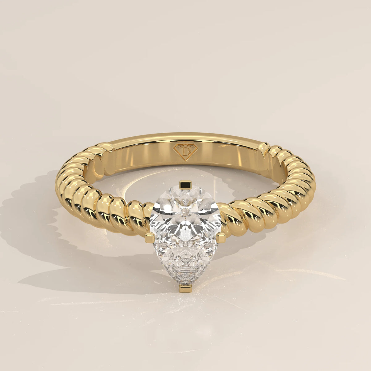 Three-Quarter View: Pear Diamond Ring with Solitaire Setting in Yellow Gold – Lab Grown – Driona Jewels